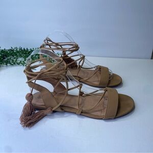 ALDO Beige Leather Ankle Wrap Tie Open Toe Sandals Flat Sole Size 7.5